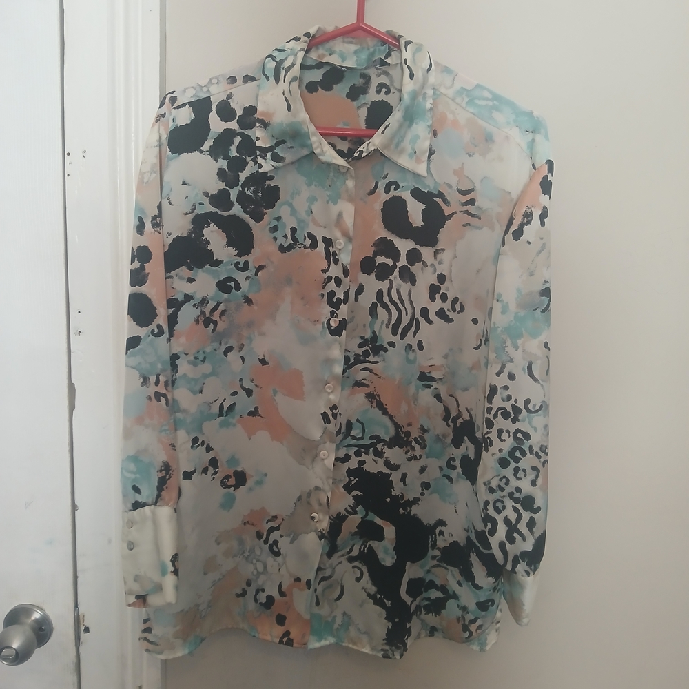 Zara Animal Print Blouse in Black, Cream, and Teal